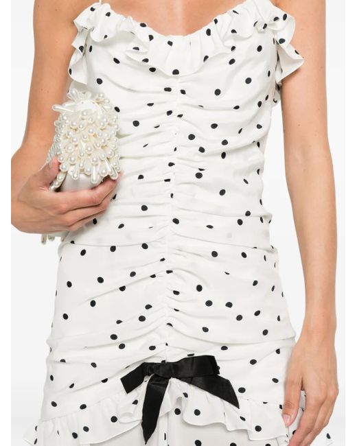 Alessandra Rich White Polka Dot-Print Ruched Dress