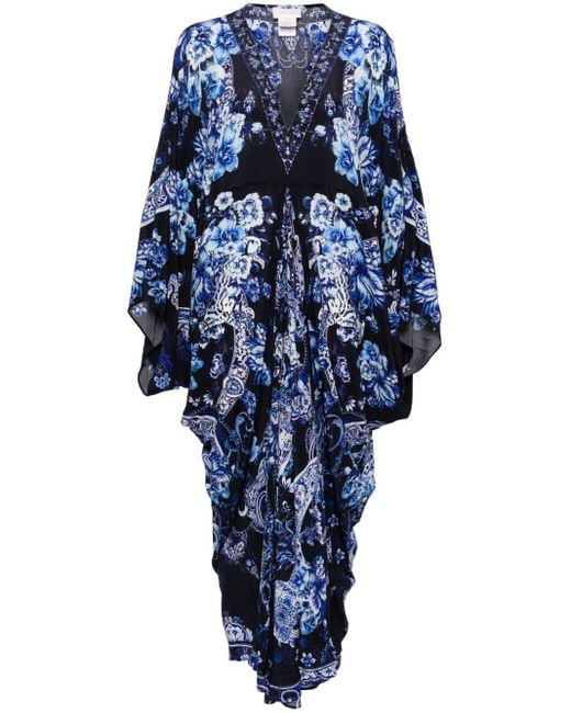 Camilla Blue Floral-print Silk Kaftan