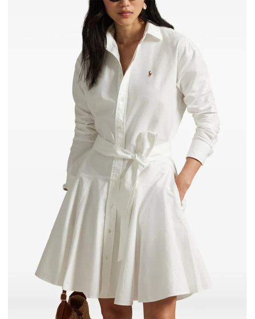 Polo Ralph Lauren White Belted Logo-Embroidered Shirt Mini Dress