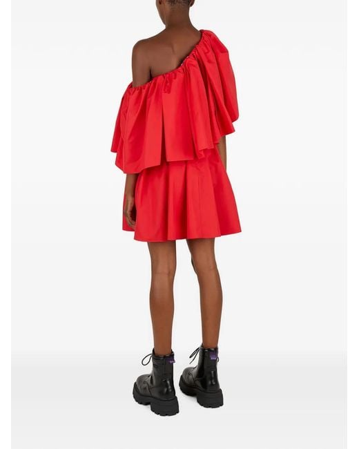 McQueen Red Off-Shoulder Pleated Minidress