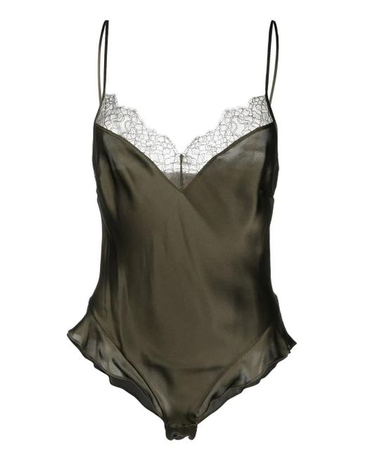 Body de seda con ribete de encaje Maison Close de color Green