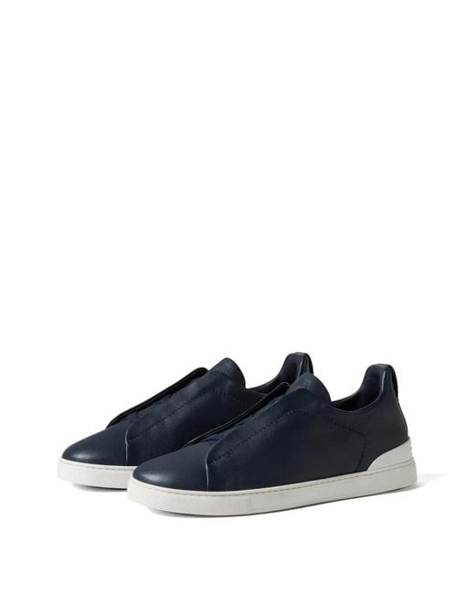 Zegna Blue Triple Stitch Leather Sneakers for men