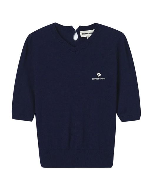 ShuShu/Tong Blue Puff-Sleeve Logo-Print Top