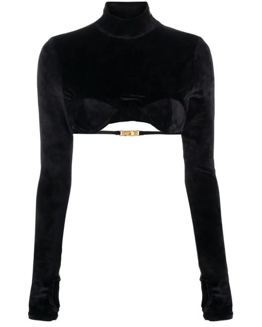 Gcds Black Velvet-Finish High-Neck Top