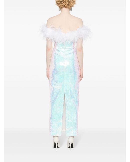 Nissa Blue Feather-trim Sequin-design Dress