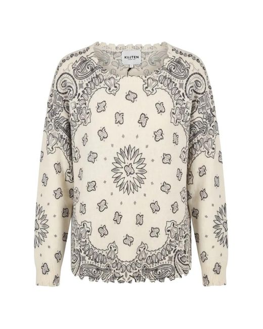 Kujten White Paisley-Print Distressed-Effect Sweater