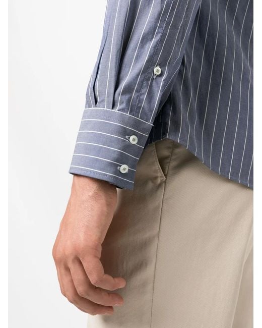 Brunello Cucinelli Blue Striped Button-Up Cotton Shirt for men