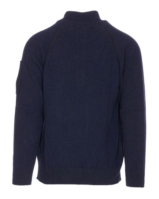 C P Company Blue Zip-Neck Logo-Patch Sweater for men