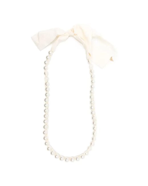 Forte_forte White Pearl-Embellished Ribbon Necklace