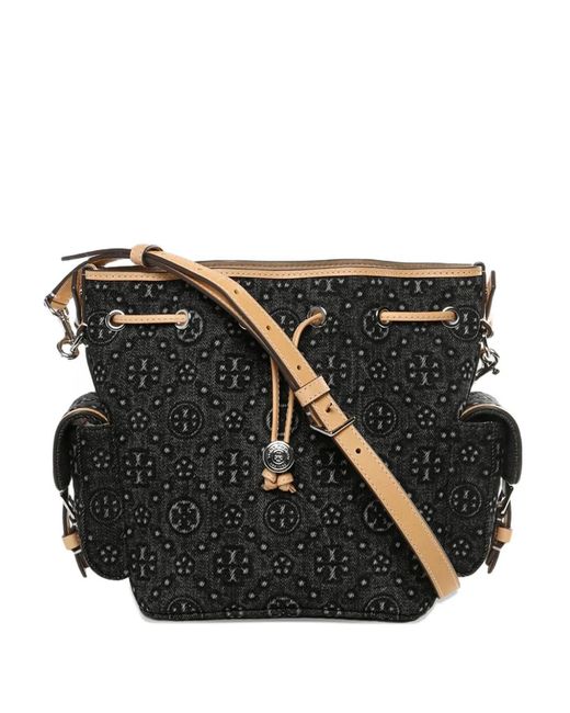 Tory Burch Black Drawstring Pattern Bucket Bag