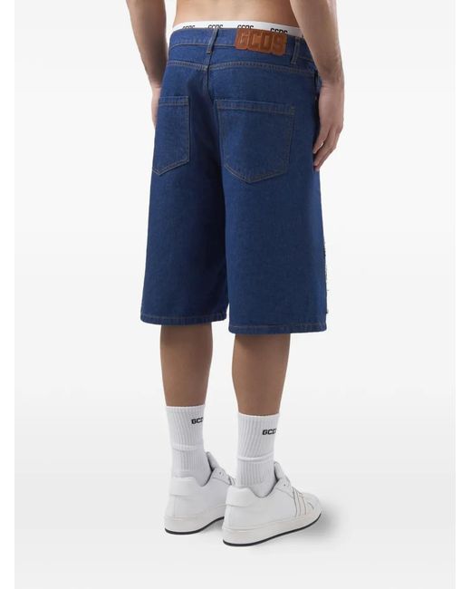 Gcds Blue Frayed Logo-Patch Shorts for men
