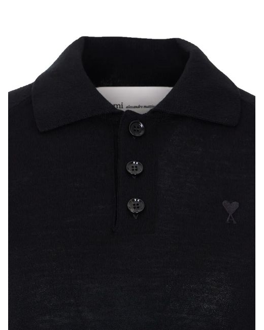 AMI Black Polo Boutonné À Poche Poitrine