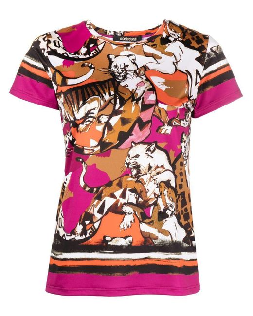 Roberto Cavalli Pink T-Shirt mit Geparden-Print
