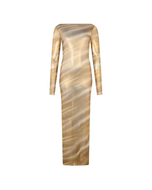Roberto Cavalli Natural Long See-Through Dress With All-Over Nile Print