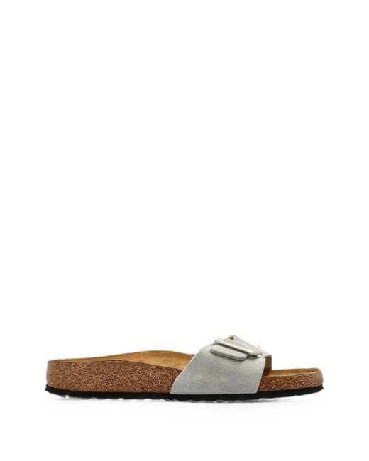 Birkenstock White Madrid Buckle Suede Slides