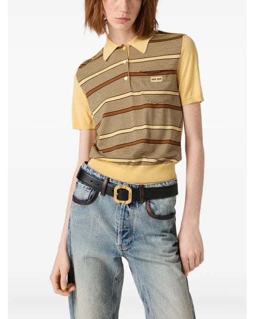 Miu Miu Natural Gestreiftes Poloshirt Mit Intarsien-Logo