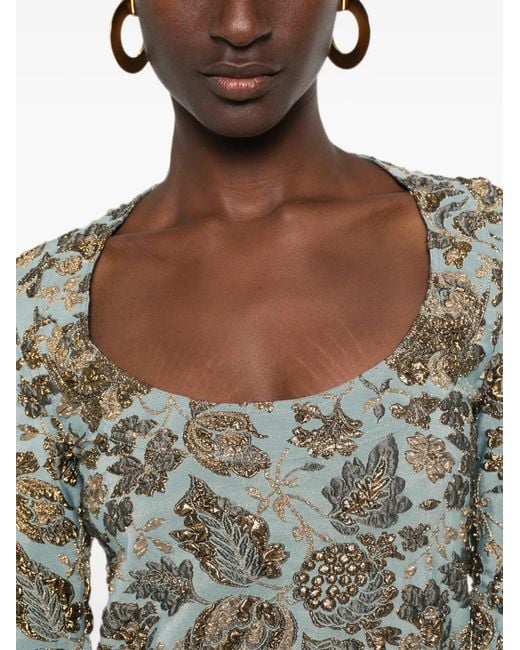 Saint Laurent Blue Floral-Brocade Long-Sleeves Mini Dress