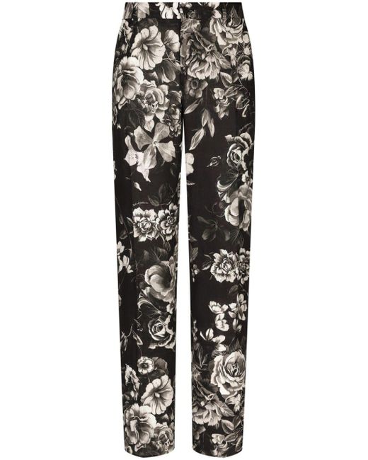 Dolce & Gabbana Black Floral-print Linen Pants for men