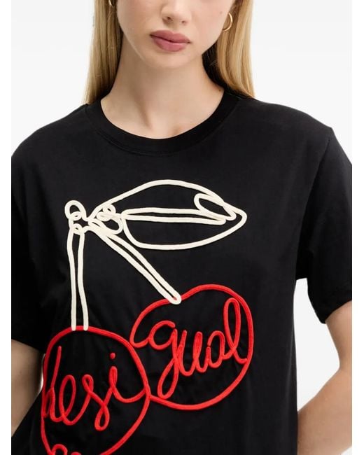 Desigual Black Cherry-Embroidered T-Shirt