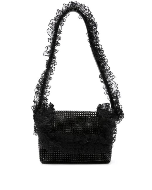 Self-Portrait Black Crystal-Embellished Lace-Detail Shoulder Bag