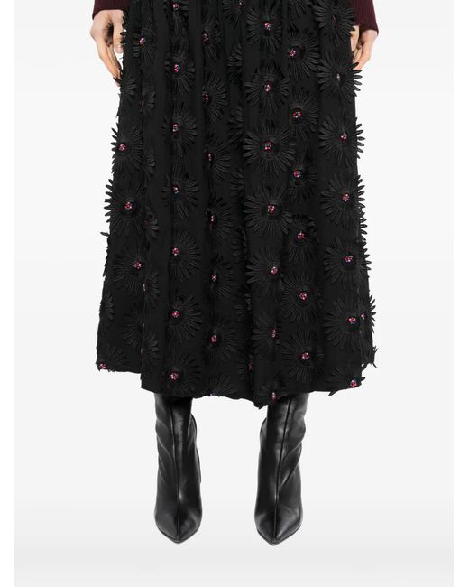 Farm Rio Black Floral-Appliqué Midi Skirt