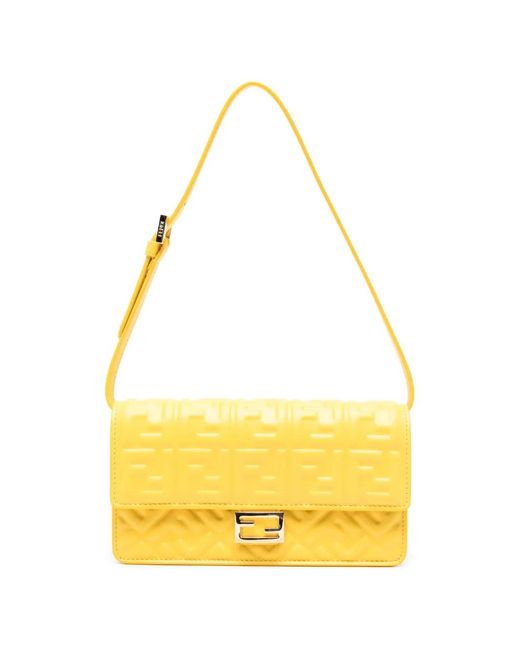 Fendi Yellow Baguette Embossed Leather Tote Bag