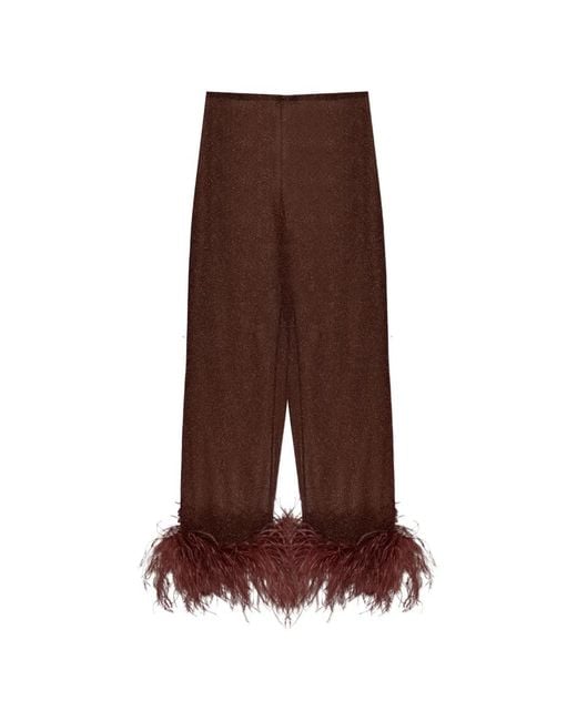 Oseree Brown Plumage Feather-Trim Trousers