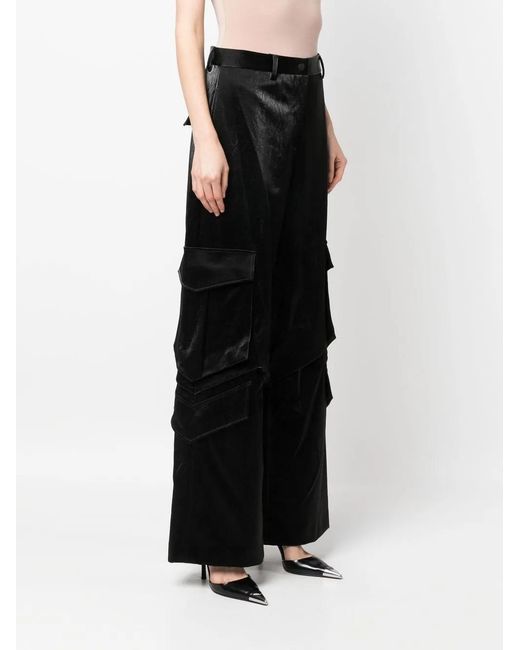MSGM Black Crinkled-Finish Cargo Trousers
