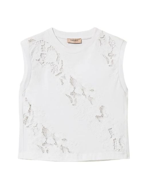 Twinset White T-Shirt With Broderie Anglaise Embroidery