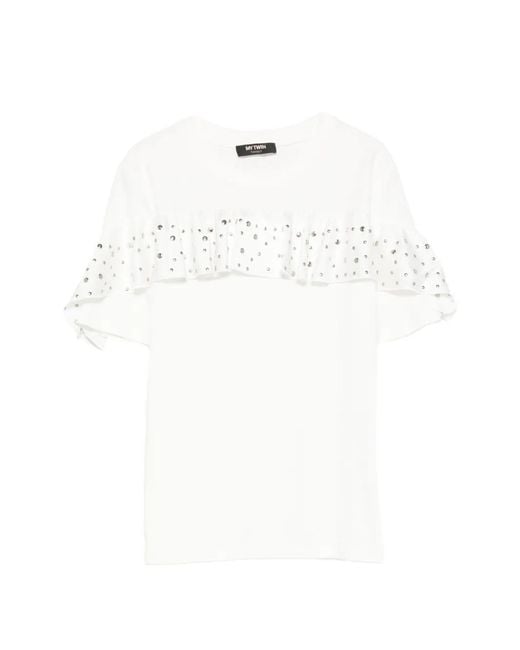 My Twin White Ruffle-Trimmed Studded T-Shirt