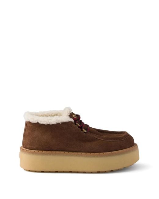 Prada Brown Shearling-Trim Platform Lace-Up Shoes