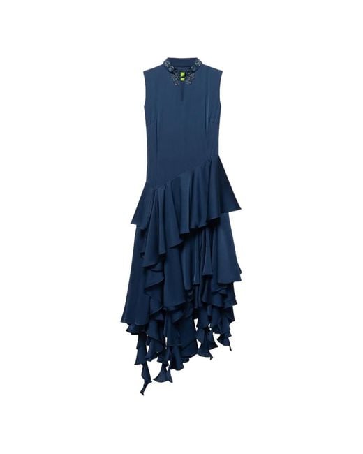 Shanghai Tang Blue Bead-Embellished Ruffled Qipao Dress