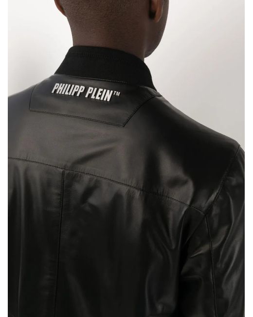 Philipp Plein Black Skull Leather Bomber Jacket for men