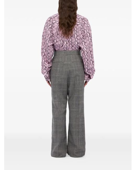 MSGM Gray Plaid-Pattern Wide-Leg Trousers