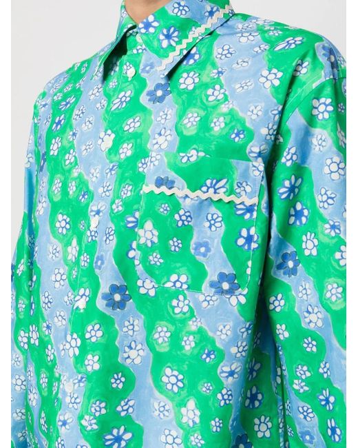 Marni Green Cotton Floral-Print Shirt for men