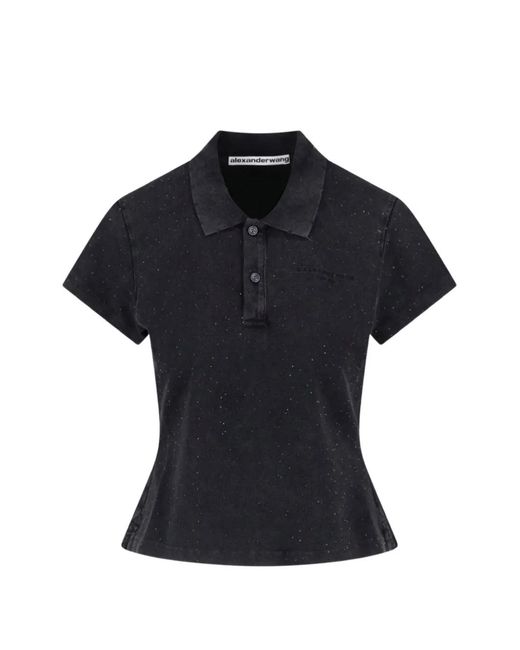 Alexander Wang Black Crystal-Hotfix Polo Top