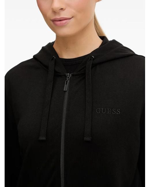 Guess Black Hoodie Zippé Junie À Logo Brodé