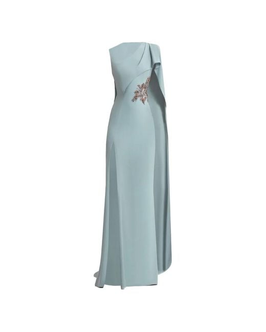 Gemy Maalouf Blue Beaded-Cape Draped Dress