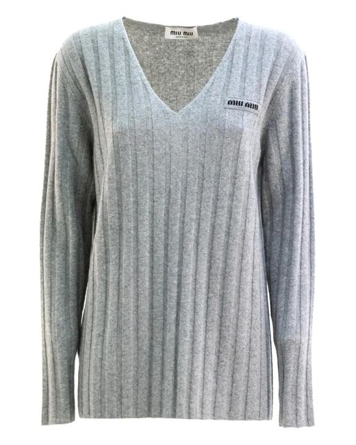Miu Miu Gray Wool And Cashmere V-Neck Sweater