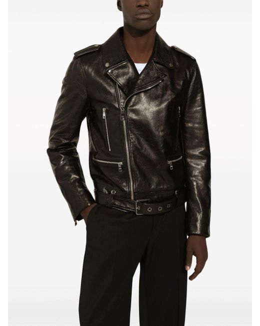 Dolce & Gabbana Black Grained Leather Biker Jacket for men