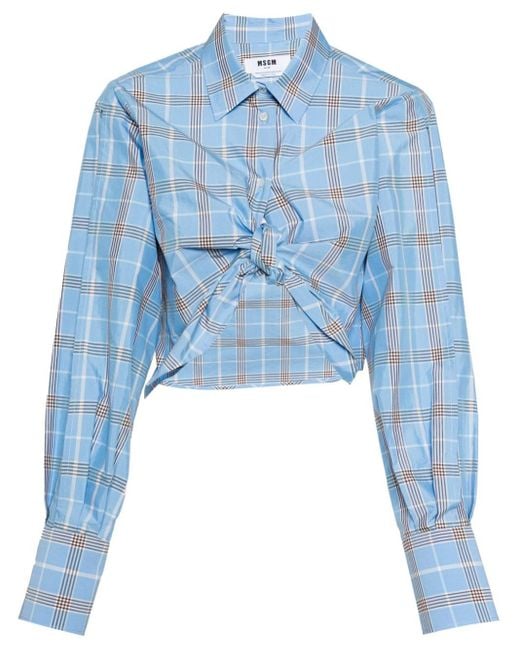 MSGM Blue Knot-detail Plaid Shirt