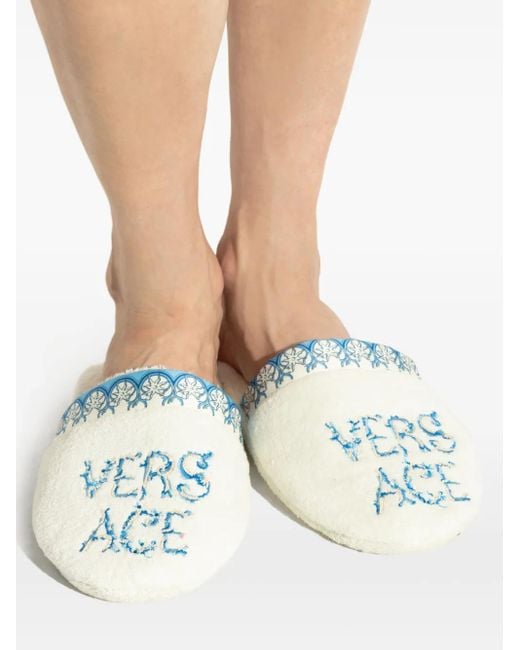 Versace White Embroidered Slippers