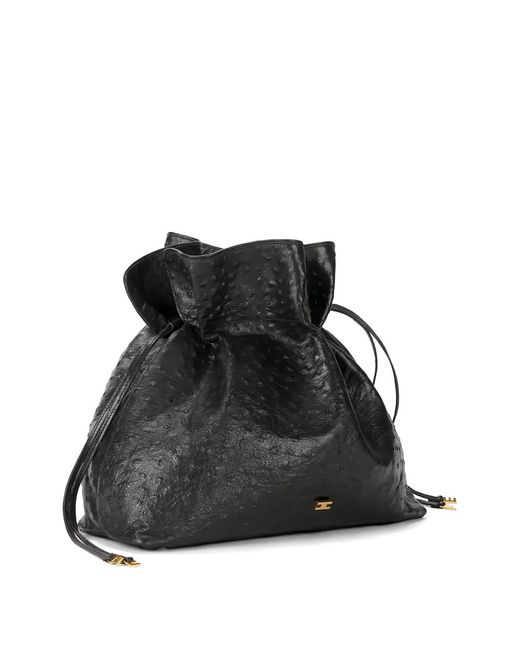 Elisabetta Franchi Black Ostrich-Texture Leather Tote Bag