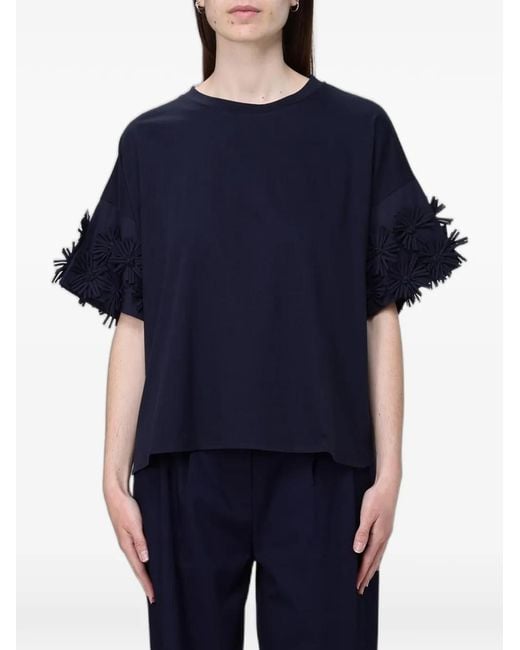 MEIMEIJ Blue Flower-Embellished Short-Sleeve Cotton T-Shirt