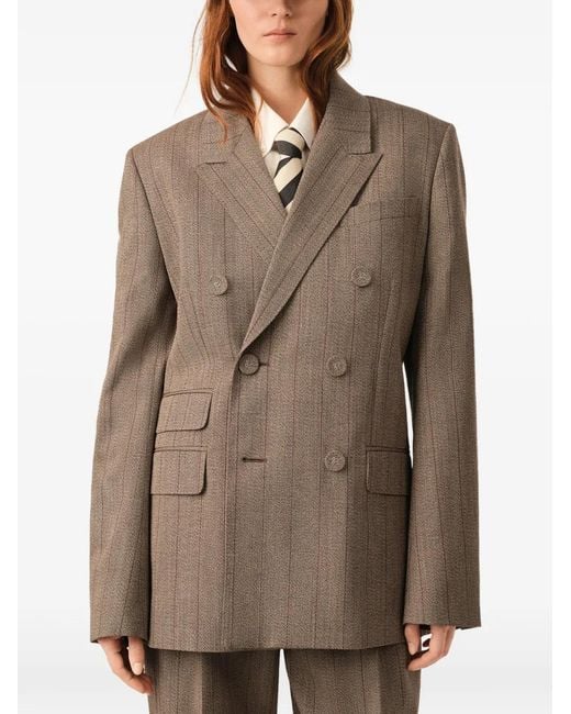 AMI Brown Double Breasted Striped Wool Blazer