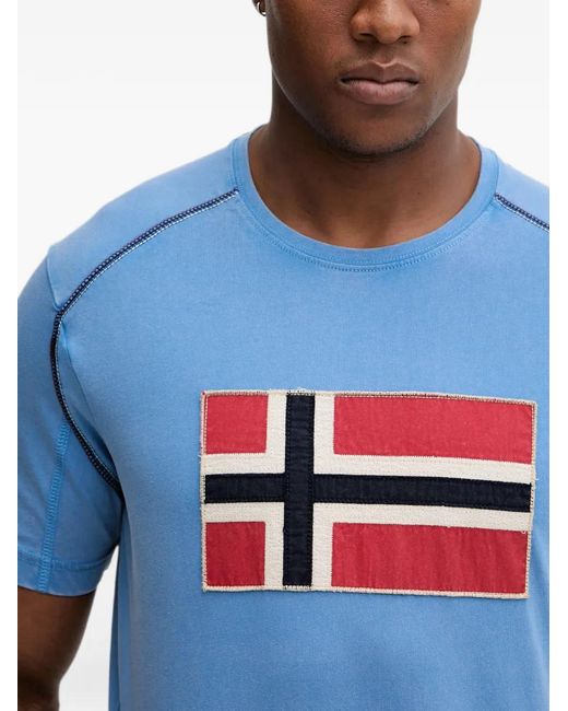 Napapijri Blue Reflect Logo-Patch Contrast-Stitch T-Shirt for men
