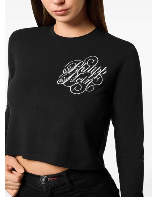 Philipp Plein Black Long-Sleeved Embroidered Top