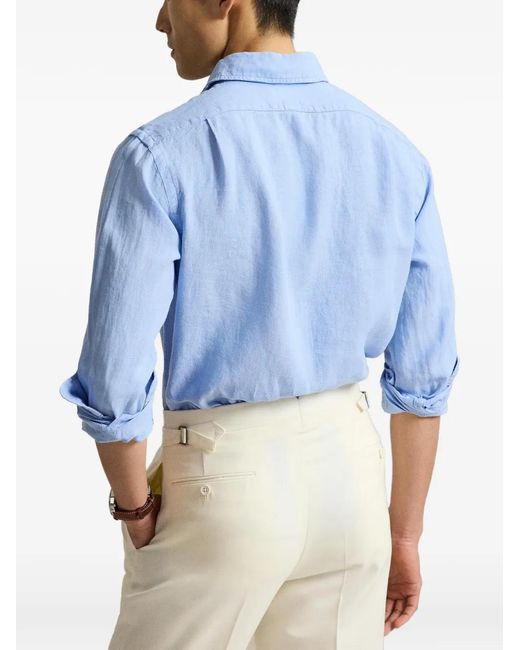 Polo Ralph Lauren Blue Pony Embroidered Linen Shirt for men