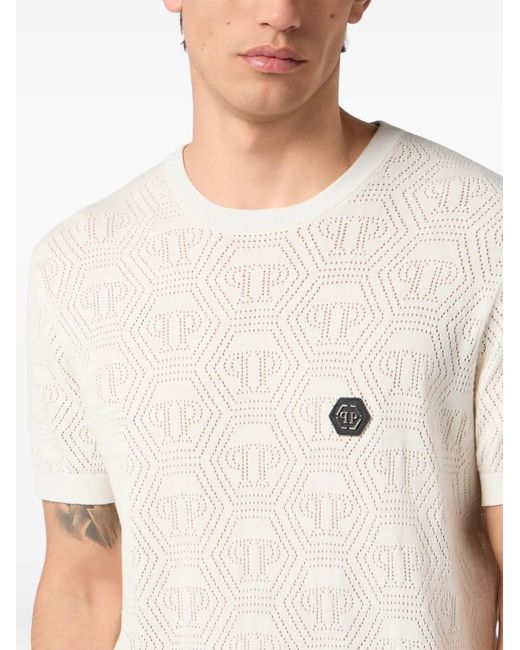 Philipp Plein White Openwork Monogram T-Shirt for men