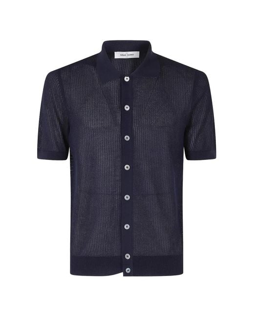 Gran Sasso Blue Open-Knit Button-Down Polo Shirt for men